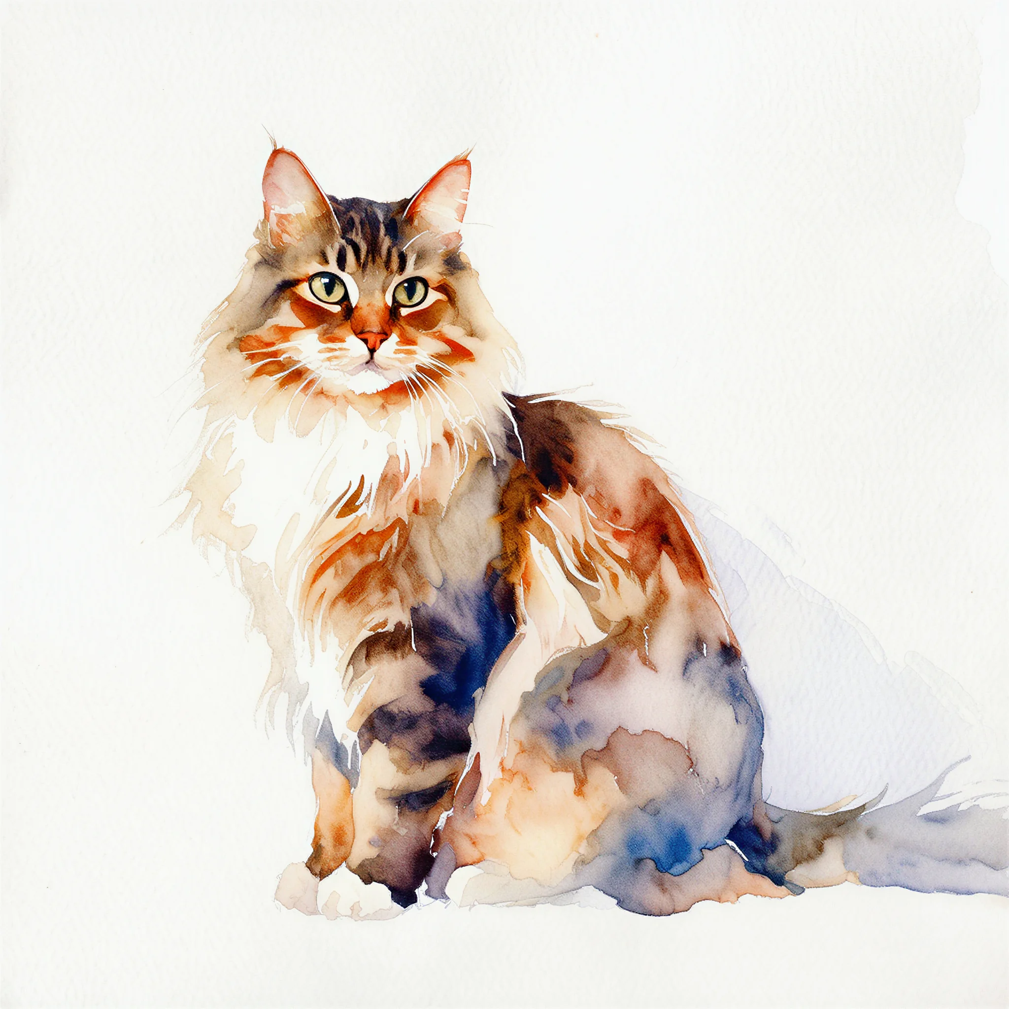 Custom watercolor portrait of a Norwegian Forest Cat with soft, luminous brushwork