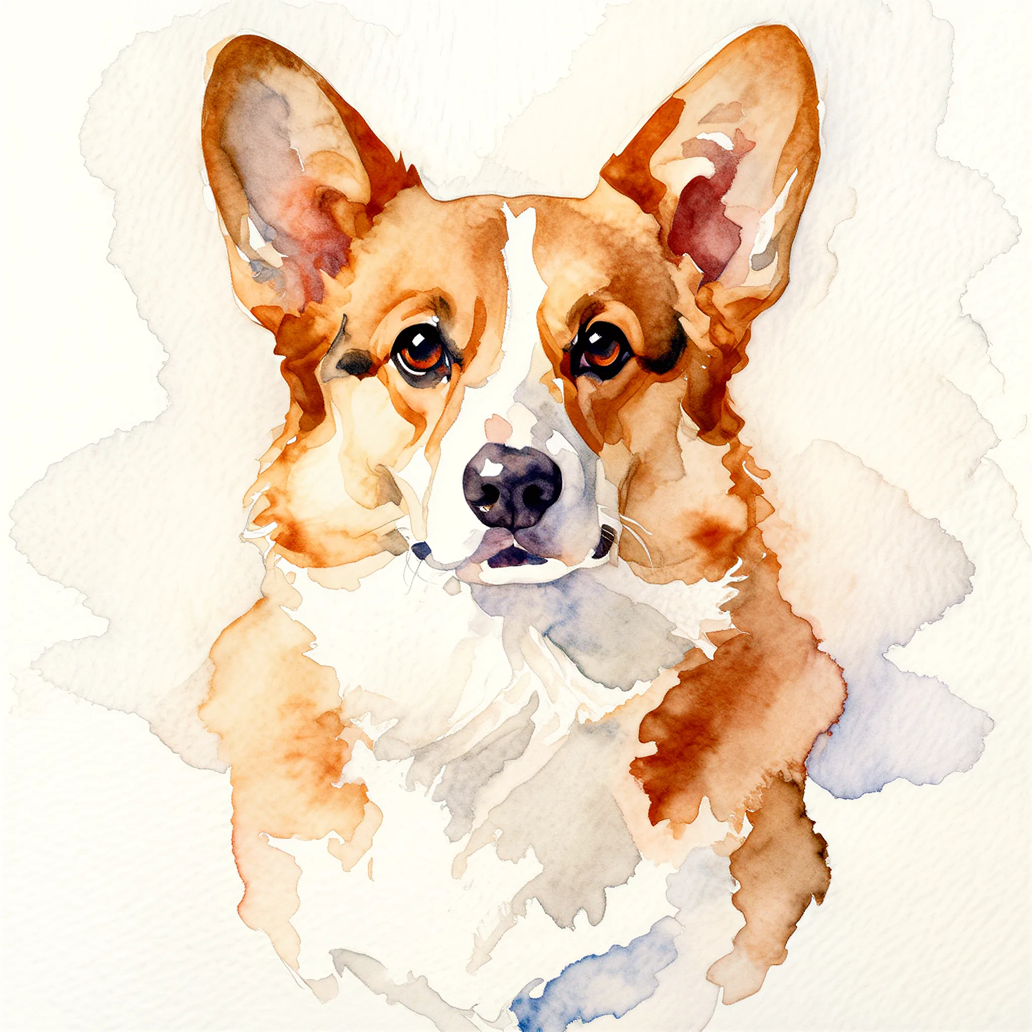 Custom watercolor portrait of a Pembroke Welsh Corgi with bright, joyful washes