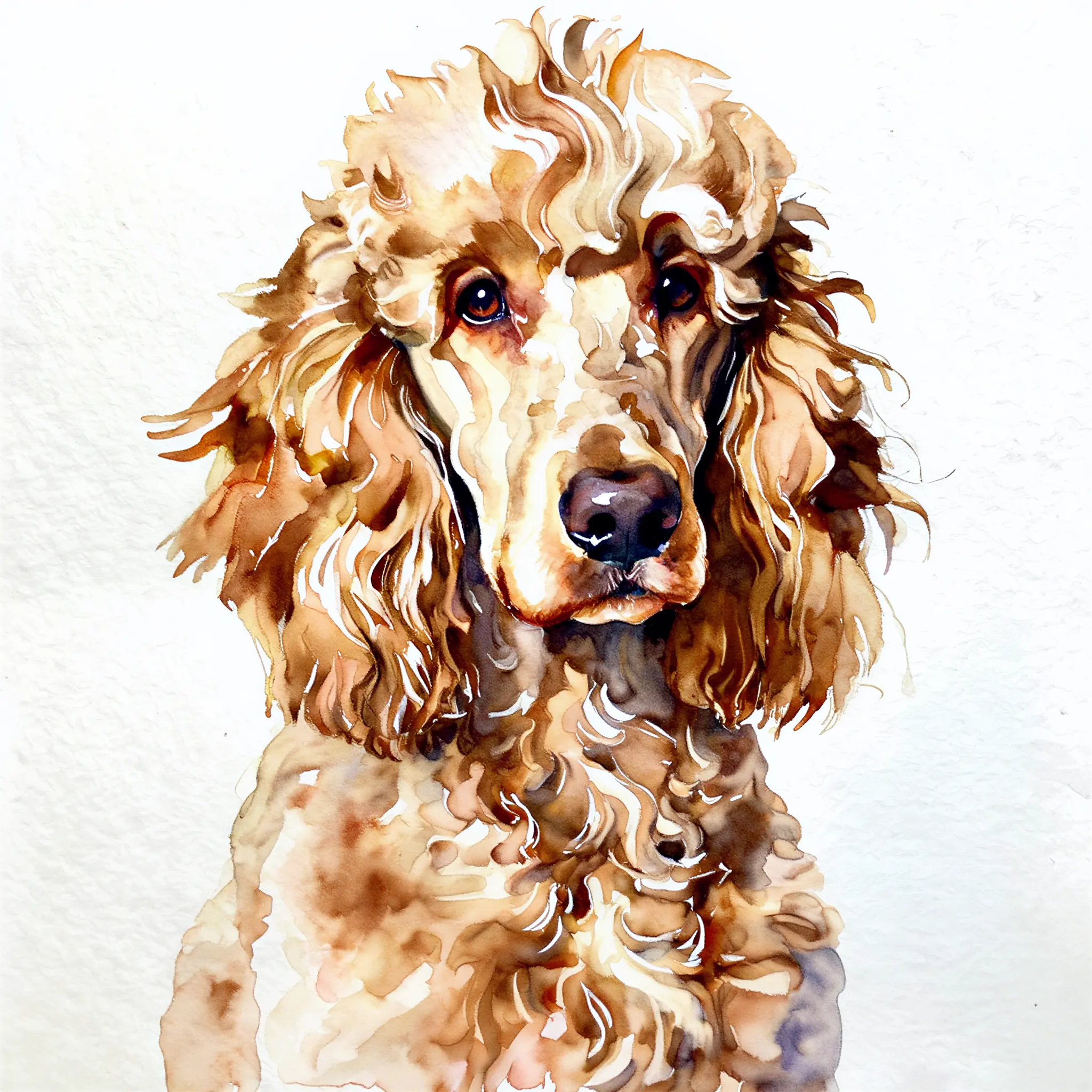 Custom watercolor portrait of a Poodle with soft, elegant color layers