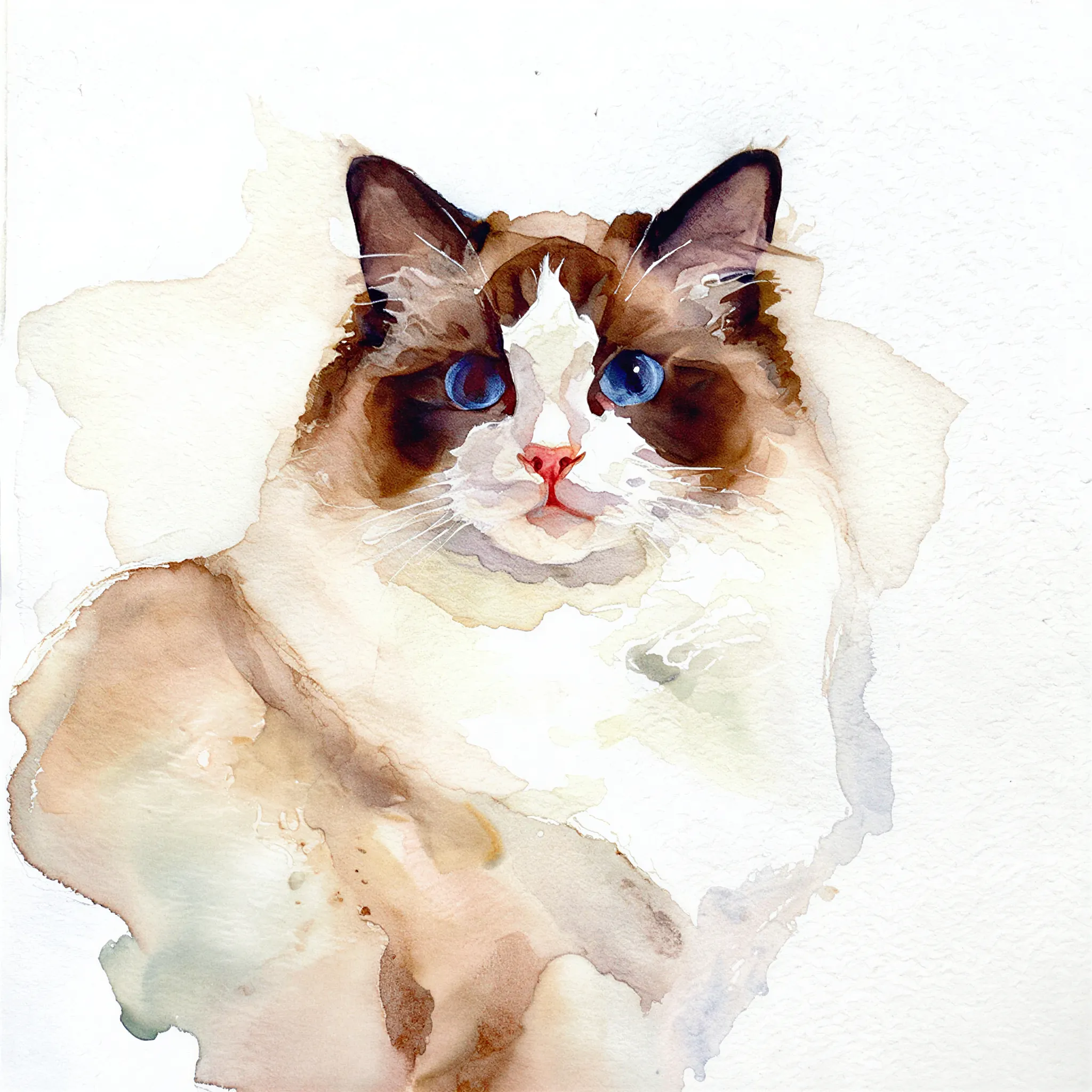 Custom watercolor portrait of a Ragdoll with soft, luminous brushwork