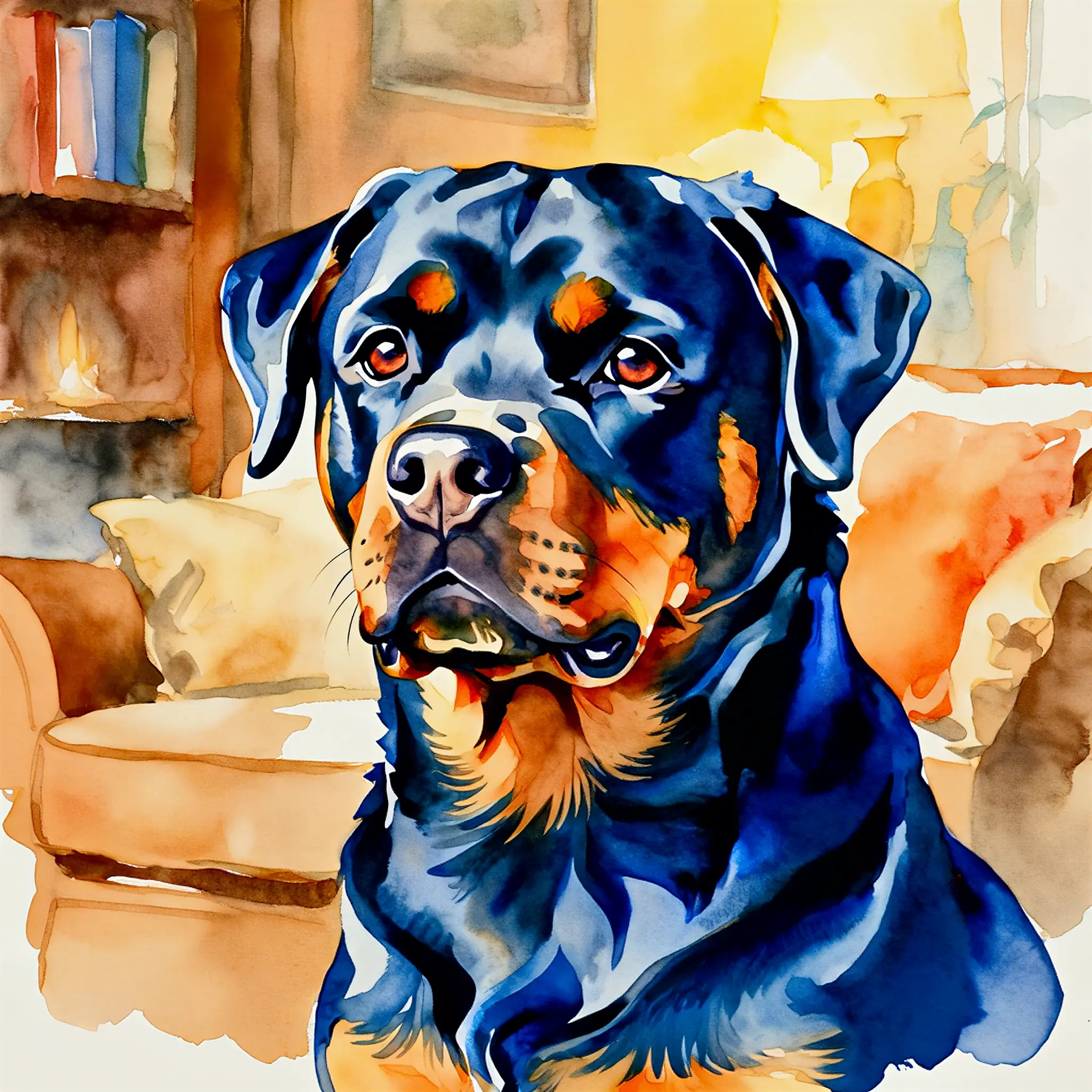 Custom watercolor portrait of a Rottweiler with bold, expressive washes