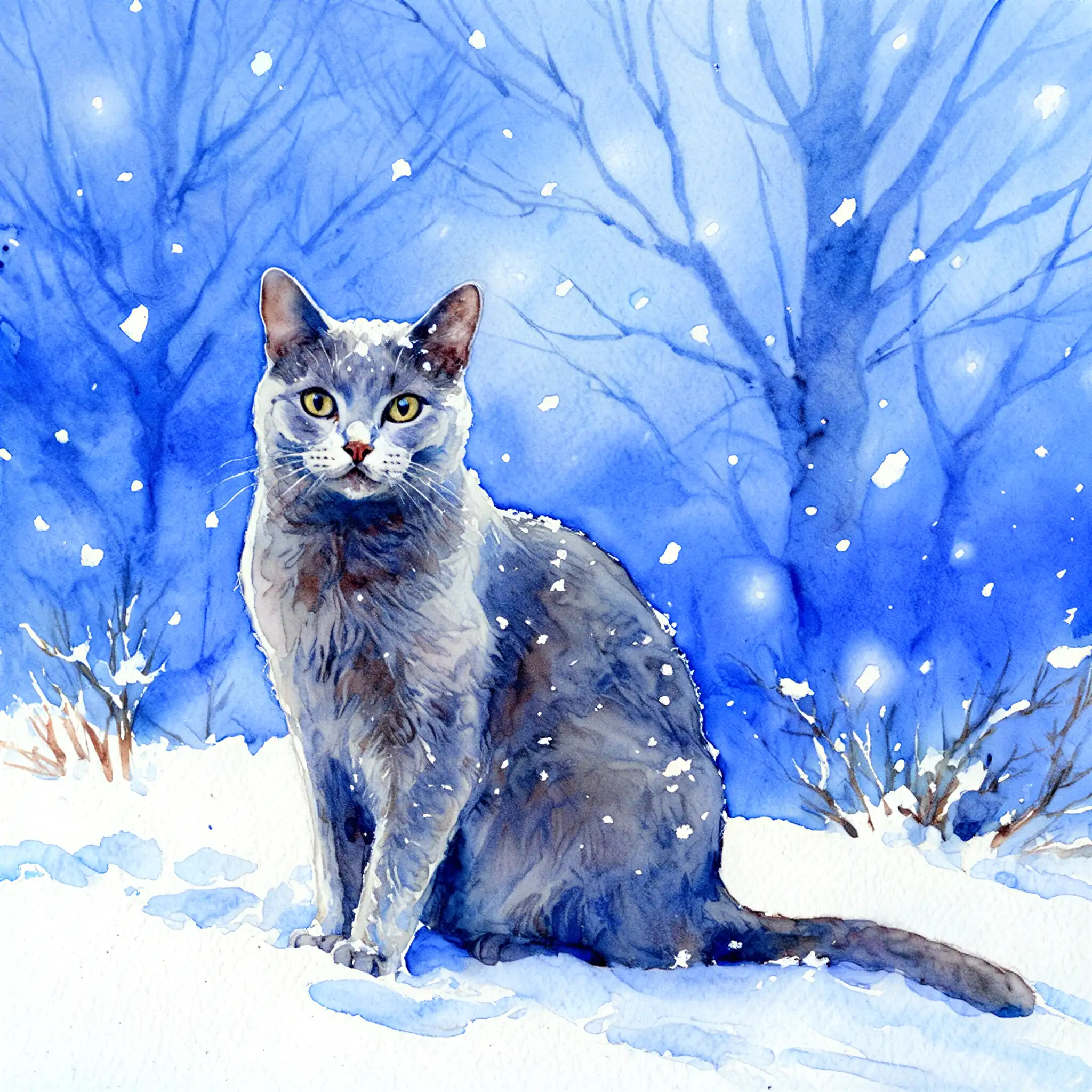 Custom watercolor portrait of a Russian Blue with soft, luminous brushwork