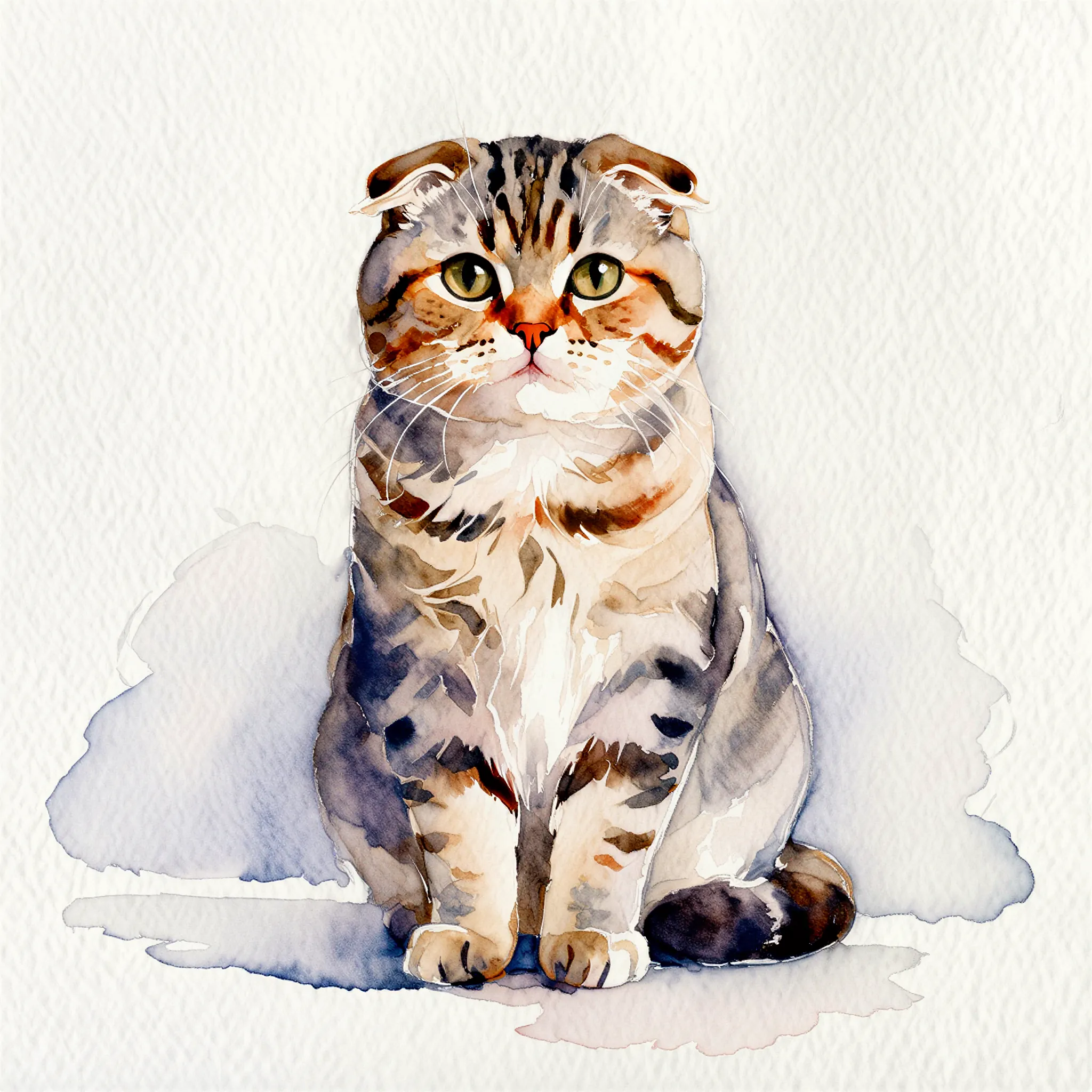 Custom watercolor portrait of a Scottish Fold with soft, luminous brushwork
