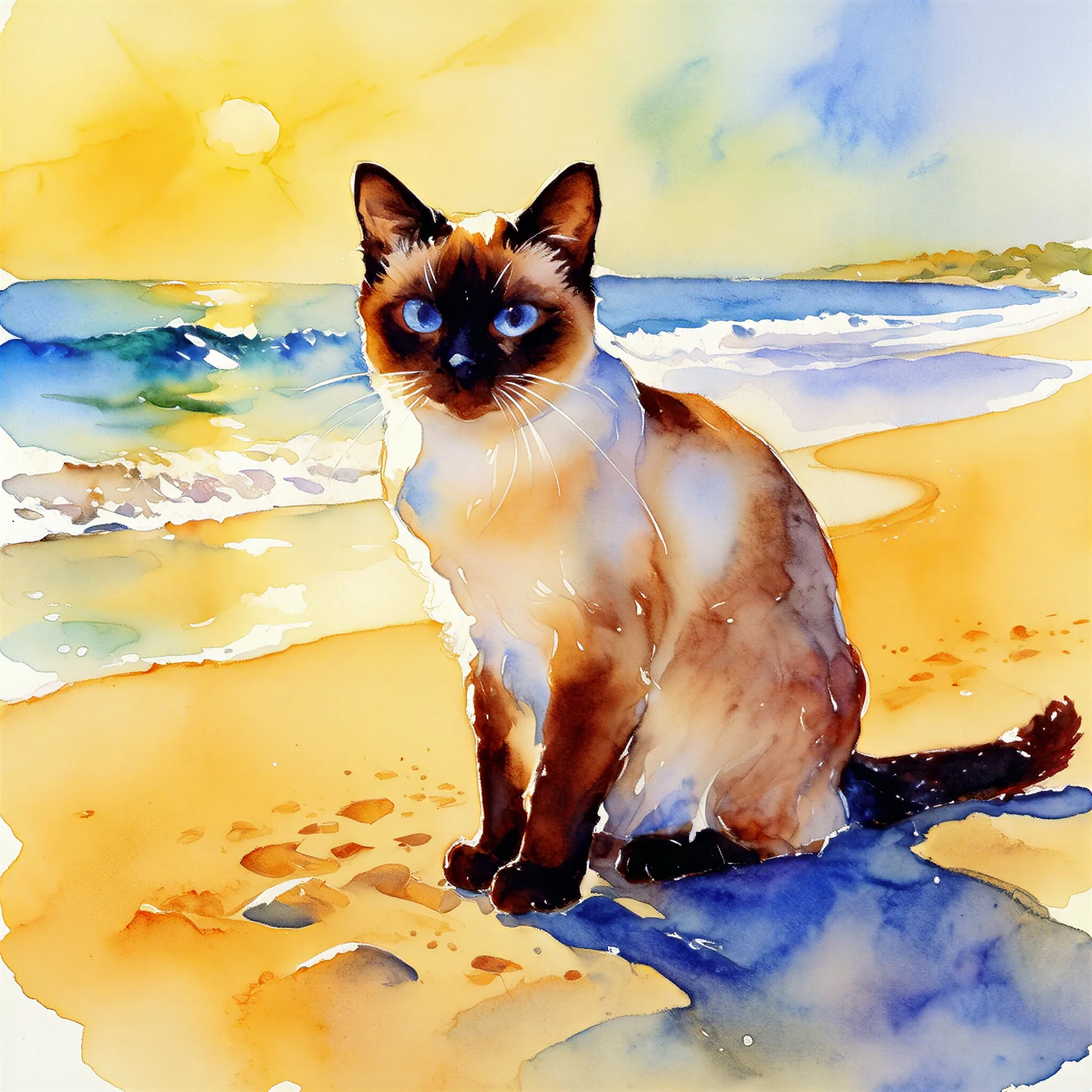 Custom watercolor portrait of a Siamese with soft, luminous brushwork