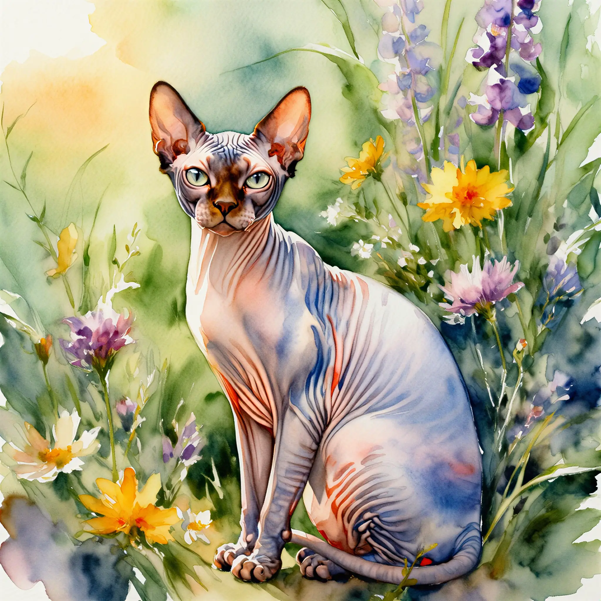 Custom watercolor portrait of a Sphynx with soft, luminous brushwork