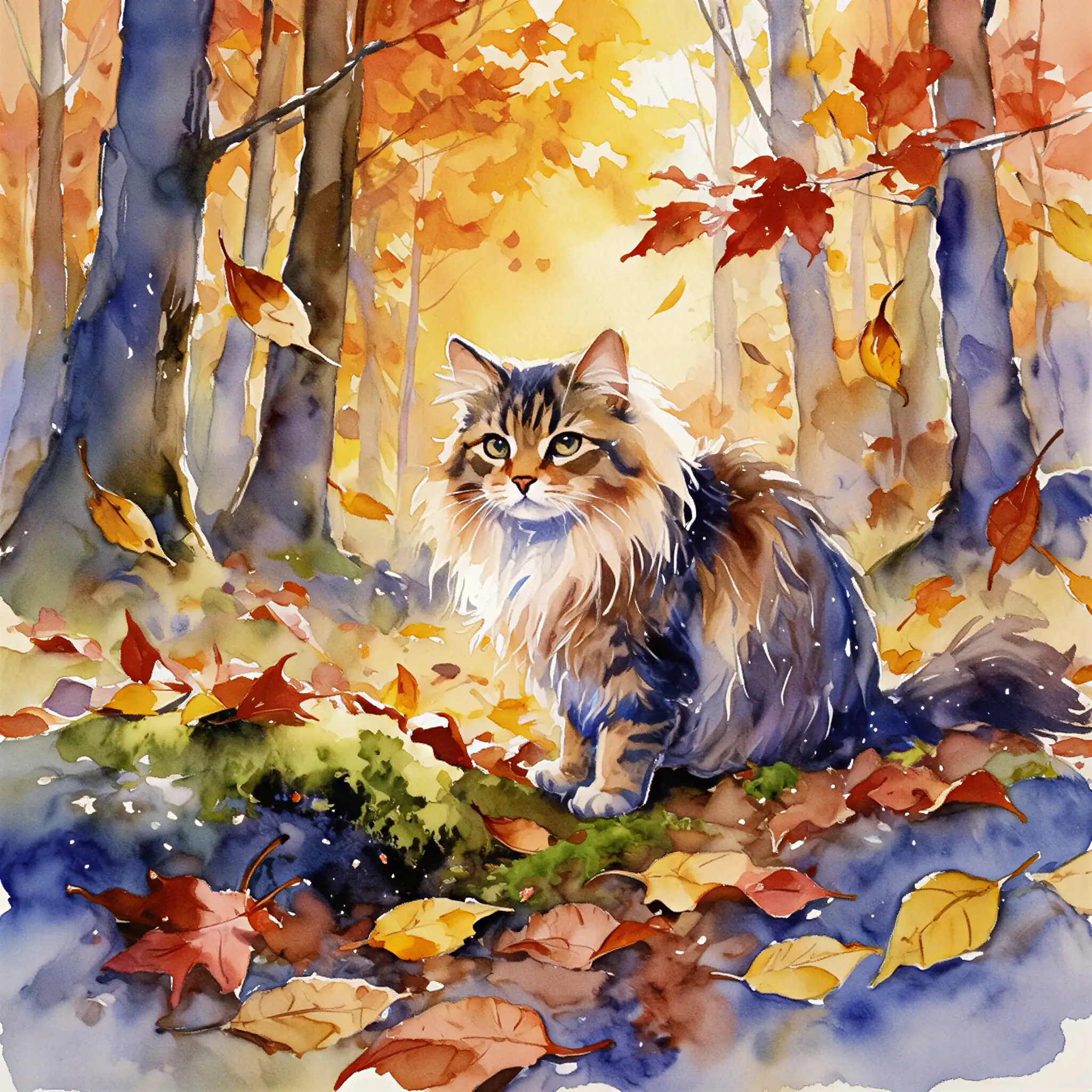 Custom watercolor portrait of a Turkish Angora with soft, luminous brushwork