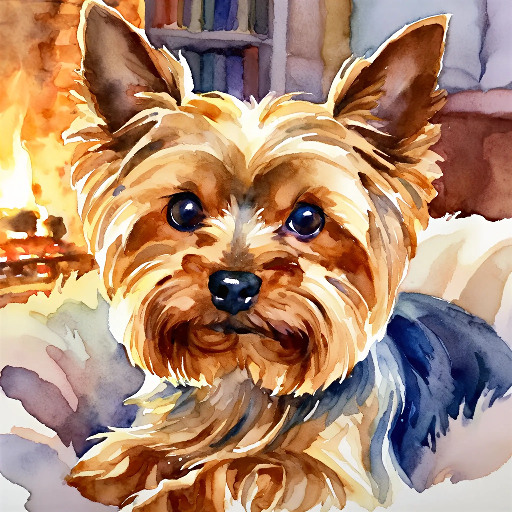 Custom watercolor portrait of a Yorkshire Terrier with delicate, fine brushwork